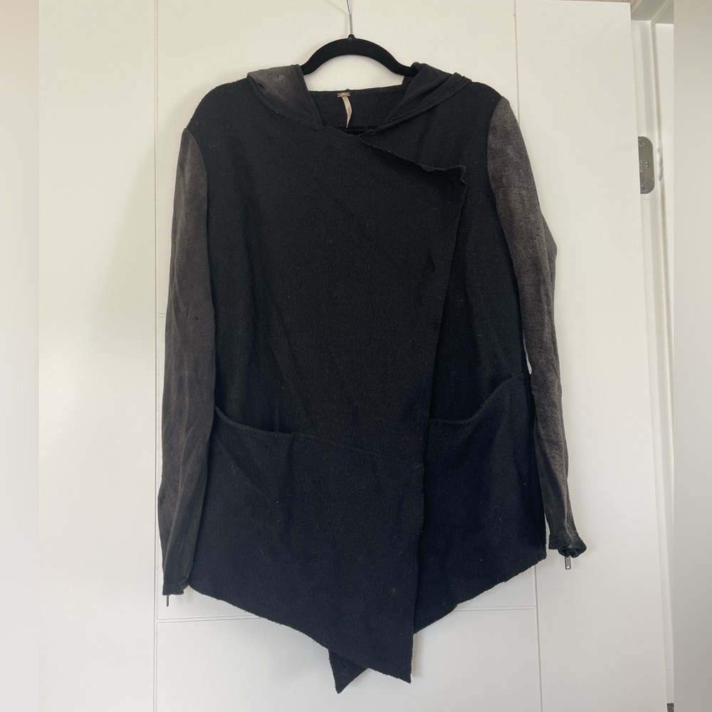 Free People Black and Grey Hooded Asymmetrical Jacket
